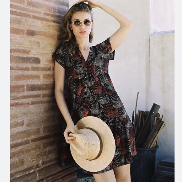 Anthropologie Maeve Tania Black Printed Tiered Rayon Tunic Dress - M - Picture 4 of 15